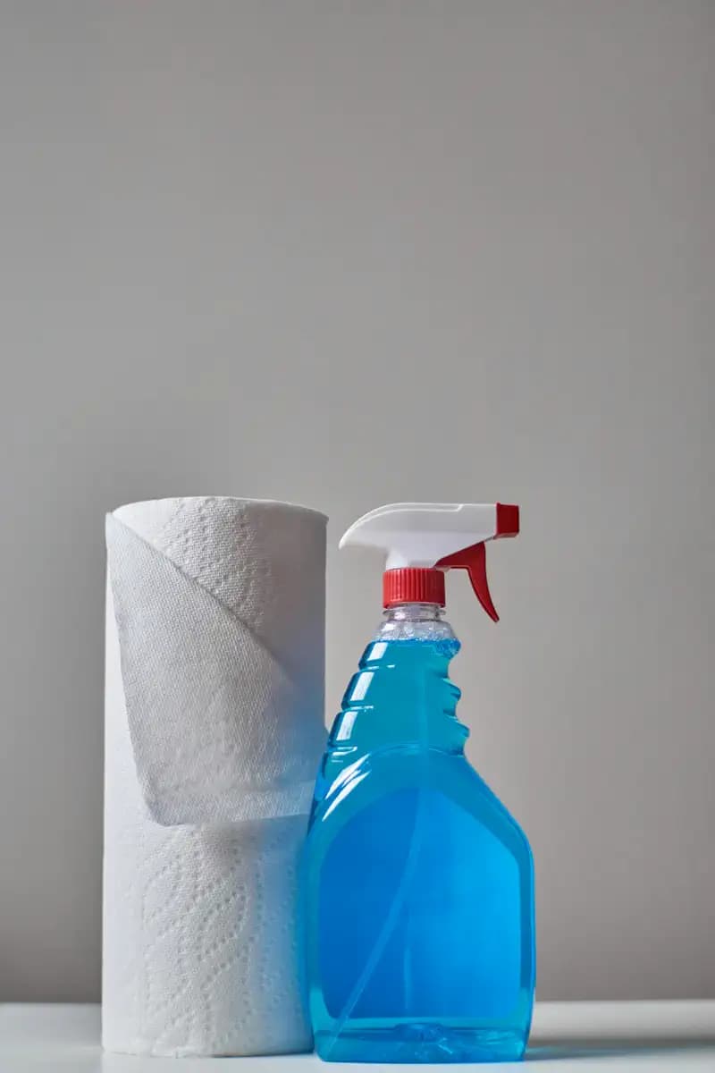 Borrifador com líquido de limpeza azul ao lado de um rolo de papel-toalha